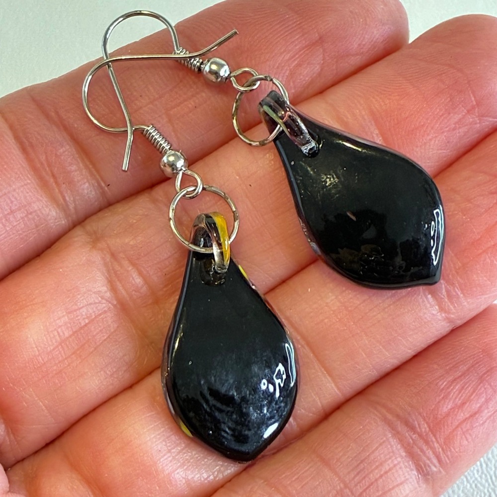 Lampwork Glass Earrings Celestial Dangle Teardrop Swirl Multicolor Silver Tone - Picture 2 of 12